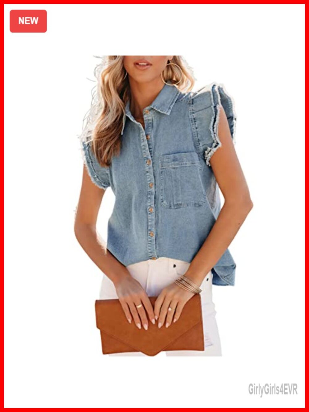 Sleeveless Denim Button Down Top Distressed Ruffle Cap Sleeve Casual Summer